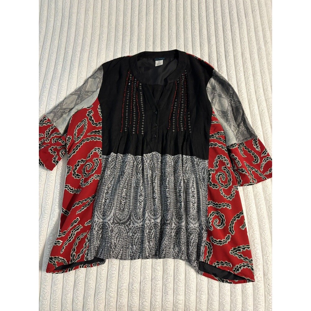 Ulla Popkens Beaded patchwork V-Neck blouse top Women's 24/26 red black boho